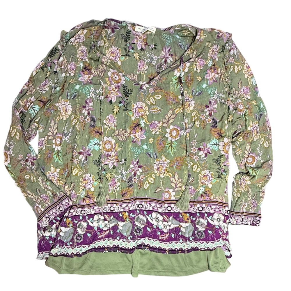 Farmers Market 3X Floral Print‎ Long Sleeve Blouse Green Purple Boho Top